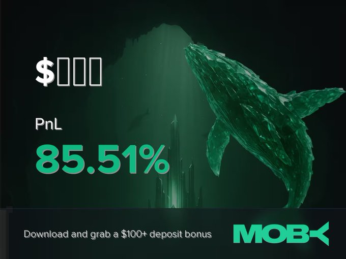 The image is a promotional graphic for Moby Mobile showing a win alert with a large green PnL of +85.51% displayed against an underwater background featuring a whale, with text reading "Download and grab a $100+ deposit bonus" and the MOBY logo at the bottom. It visually celebrates the trader's successful +85.51% return on the $滑る猫 position mentioned in the post.