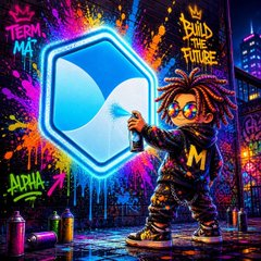 Colorful graffiti-style artwork featuring a cartoon character with dreadlocks and glasses holding a spray can next to a large blue shield icon. Text elements include 'TEAM MAT', 'BUILD', 'FUTURE', and 'ALPHA'.