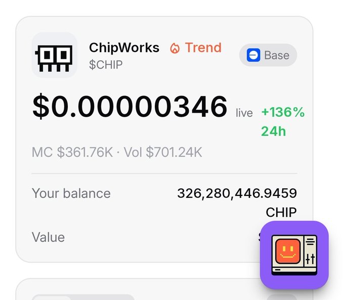 A cryptocurrency tracking screen showing ChipWorks ($CHIP) token on the Base network, priced at $0.00000346 with a +136% 24h gain, market cap of $361.76K, and a balance of 326,280,446.9459 CHIP.