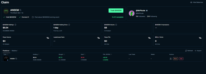 Crypto trading interface showing the ANSEM token claim page with $9.24 Airdrop, 1 day holding time, and a position with PNL of +10.01%, indicating a profitable trade of $9.24.