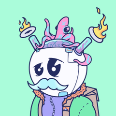A cartoon character with a teapot for a head, mustache, and flames rising from its spouts stands against a mint green background.