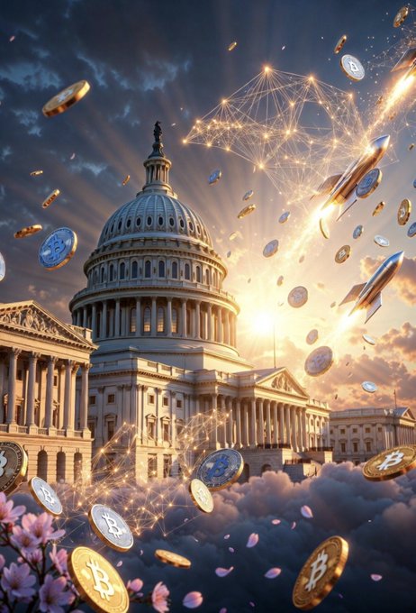 A digital illustration depicts the U.S. Capitol building beneath a sky filled with Bitcoin coins, rockets, and a glowing network of interconnected nodes, symbolizing the transformative impact of the CLARITY Act on cryptocurrency regulation and institutional investment growth following ETF approval.