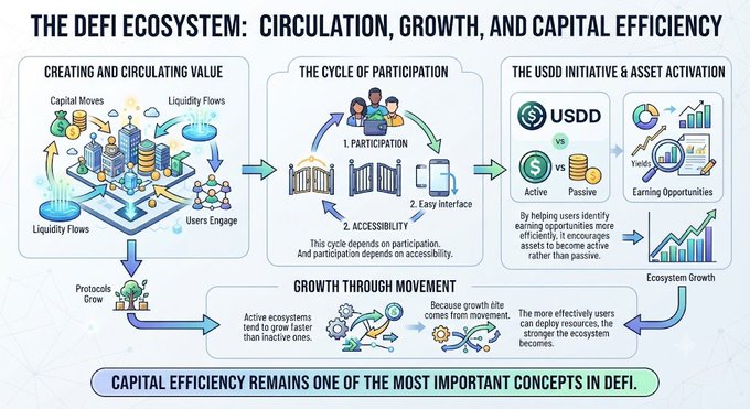 An infographic titled "THE DEFI ECOSYSTEM: CIRCULATION, GROWTH, AND CAPITAL EFFICIENCY" illustrates how capital moves and liquidity flows through user engagement to grow protocols, highlighting the "USDD INITIATIVE & ASSET ACTIVATION" with USDD and a dollar sign compared to promote active assets and earning opportunities, reinforcing the post's message that ecosystem health depends on the circulation of value through accessible participation.
