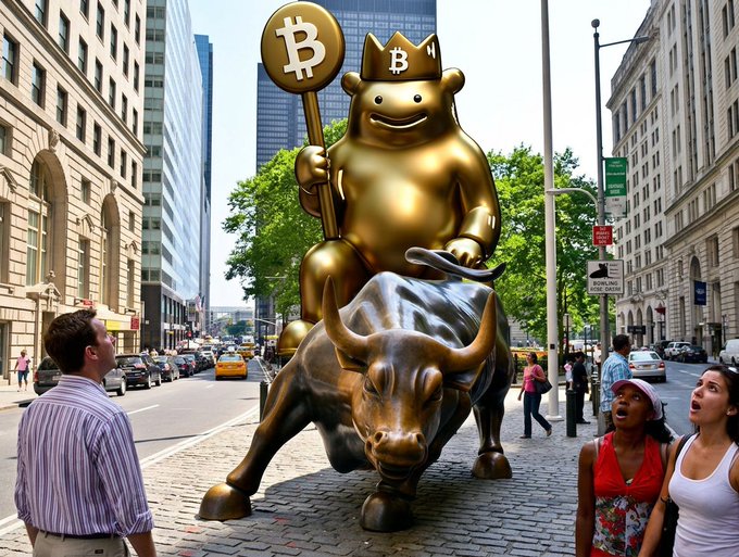 The image features a large statue of a bull with a golden crown, surrounded by people walking around it. The bull appears to be charging at something or someone, adding an element of excitement to the scene. In the background, there are tall buildings that give the impression of a bustling city atmosphere. A man and woman can be seen standing near the statue, possibly admiring its grandeur or discussing its significance in relation to the post about Bitcoin.