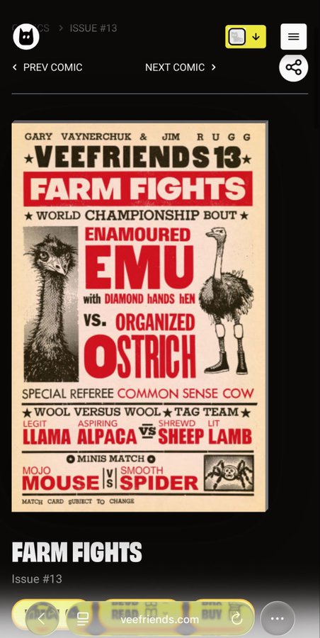 The image shows a poster for Farm Fights, which is a comic book series about two characters named Emu and Ostrich who compete against each other in various challenges. The poster features an ostrich and an emu as the main characters, with both of them facing off against each other in different situations. The poster also includes text that reads "Farm fights" and "Special issue A13".
