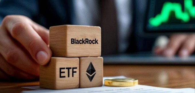 Wooden blocks displaying "BlackRock" and "ETF" alongside the Ethereum logo sit beside a gold coin and a glowing green chart, visually representing the institutional inflows into BlackRock's spot Ethereum ETF. The imagery reinforces the post's point that BlackRock has been the primary beneficiary of the nearly $100M in fresh ETH ETF inflows.