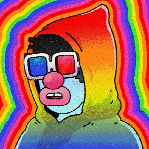 A trippy, rainbow-colored digital portrait of a hooded figure wearing 3D-style glasses with blue and red lenses, featuring a cartoonish face with a large red nose and open mouth against swirling colorful background bands.