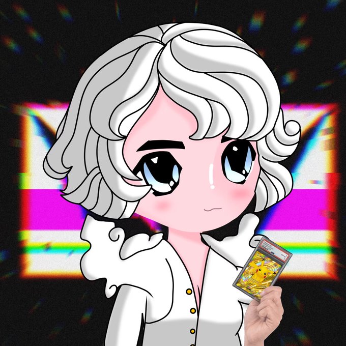 A 2D anime-style character with curly white hair and big eyes holds a Pikachu trading card against a glitchy, colorful background.