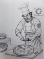 A black-and-white sketch depicting a chef in a traditional hat sprinkling ingredients over a pan of sliced food.