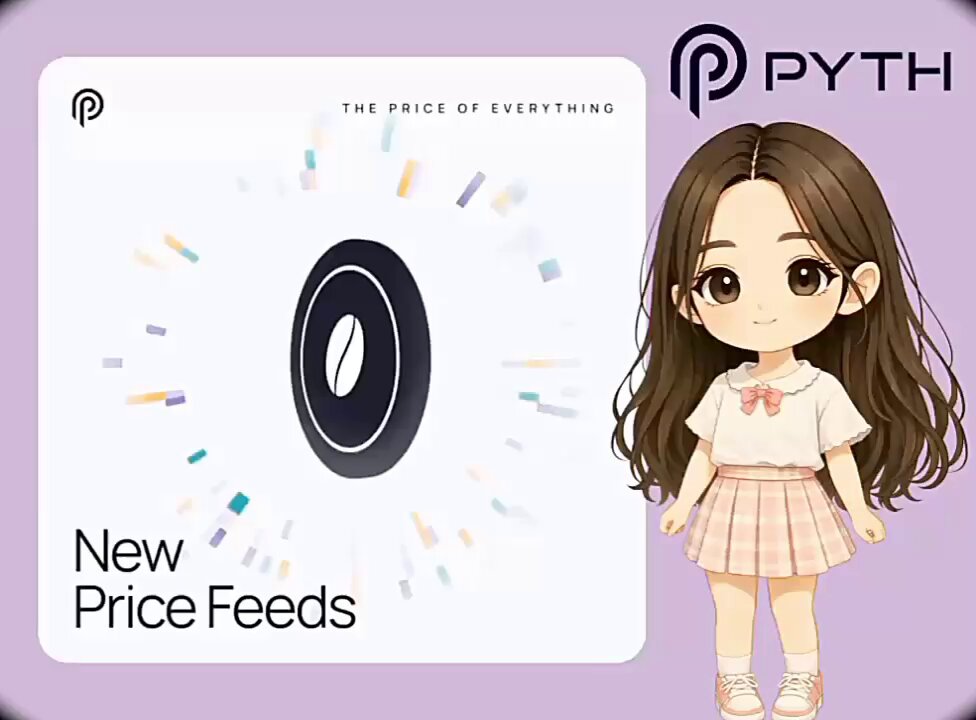 The main focus of this image is a cartoon girl next to a white sign. On the sign, there's some text about cryptocurrency prices for cocoa, coffee, sugar, cattle feeds, and markets. This suggests that there are new price feeds available in the market, which might impact various industries related to these commodities, such as agriculture, energy, or even everyday products like food and beverages.