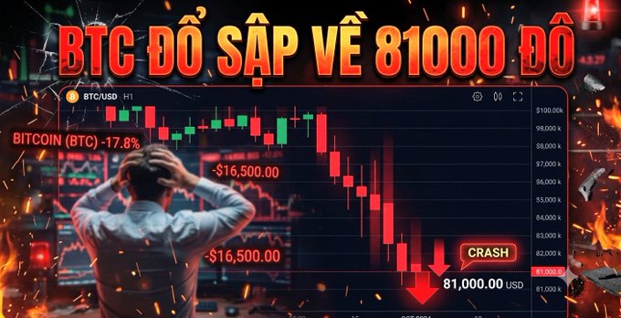 A dramatic graphic with red fire effects shows a Bitcoin price crash, with text in Vietnamese reading 'BTC ĐỒ SẮP VỀ 81000 ĐÔ' (BTC about to fall to $81,000), displaying a -17.8% drop and a 'CRASH' indicator alongside red candlestick charts.