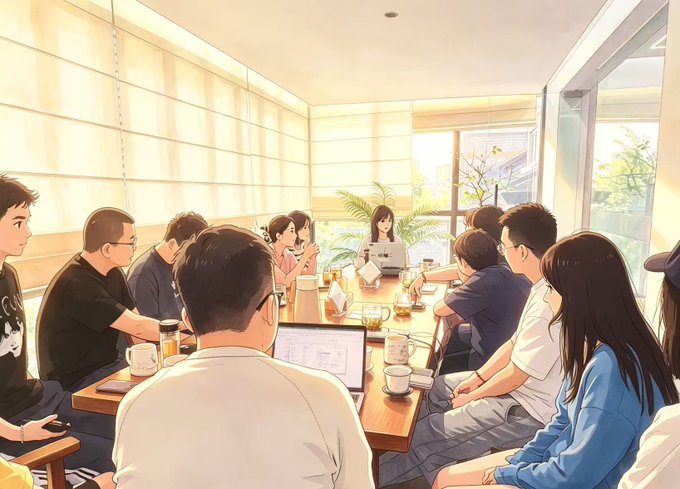 A group of people gather around a long table in a sunlit, anime-style café setting for a discussion, with one participant using a laptop while others share tea, reflecting the "Tea Talk" event described.