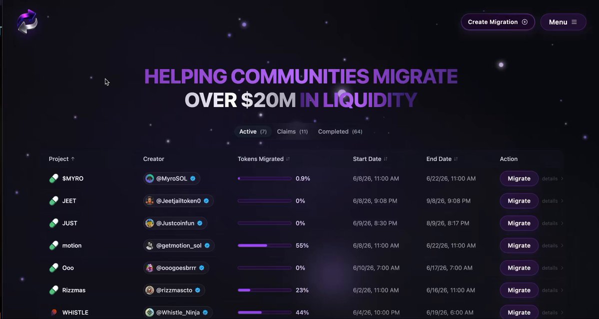 The image is a screenshot of a website titled "Helping communities migrate over $20m in liquid". The main focus is on the migration process that's happening over the weekend, specifically, it's about migrating tokens from one wallet to another. This migration will take place at 9 am EST and will continue until June 17th, around 12 pm EST. There are several posts listed below this screenshot that provide more details about the migration process and the specific token migration event on that day. The website also suggests a few things users can do to make the migration smoother, such as buying up tokens before the window closes or making sure they have enough funds in their wallet before migrating.