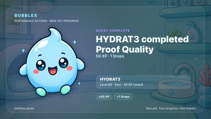A cheerful blue water droplet mascot celebrates alongside text announcing "HYDRAT3 completed Proof Quality" with a "QUEST COMPLETE" banner, an awarded 50 XP (Level 69 · Teen), and +1 Drops, visually reinforcing the post's milestone of Bubbles' sustainability progress.