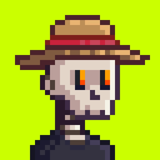 A pixel art skeleton character wearing a straw hat with a red band smiles against a bright green background, fitting the cheerful "gm to a happy sunday" greeting.