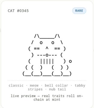 A digital collectible card for 'CAT #0345' labeled 'RARE', displaying a minimalist ASCII art cat with traits including 'classic, meow, bell collar, tabby stripes, nub tail'.