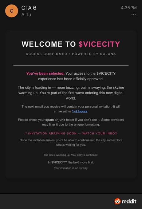 A dark-themed email screenshot from 'GTA 6' with the header 'WELCOME TO $VICECITY', stating 'ACCESS CONFIRMED • POWERED BY SOLANA' and announcing that a personal invitation will arrive within 1-2 hours.