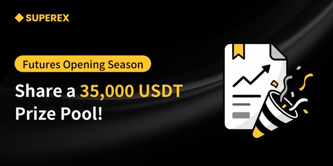 A promotional banner for "SUPEREX" announcing the "Futures Opening Season" with a "Share a 35,000 USDT Prize Pool!" alongside an illustration of a document and a megaphone on a black background.