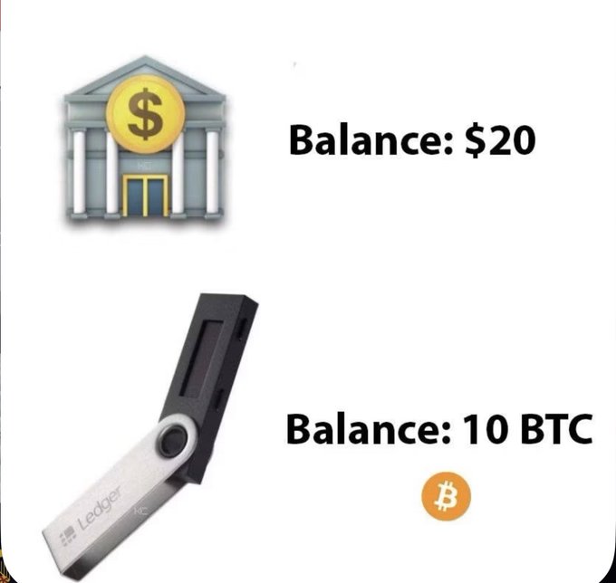 A comparison meme showing a bank icon with 'Balance: $20' above a Ledger hardware wallet showing 'Balance: 10 BTC' with a Bitcoin logo.