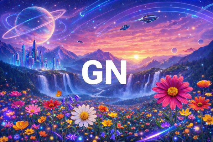 A vibrant fantasy landscape featuring colorful flowers, waterfalls, flying spaceships, a ringed planet, and a glowing city at sunset, with the large white letters 'GN' in the center.
