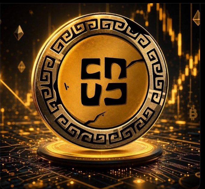A golden cryptocurrency-style coin with a stylized symbol in the center and Greek key border, displayed on a pedestal with abstract crypto charts and Ethereum logos in the background.