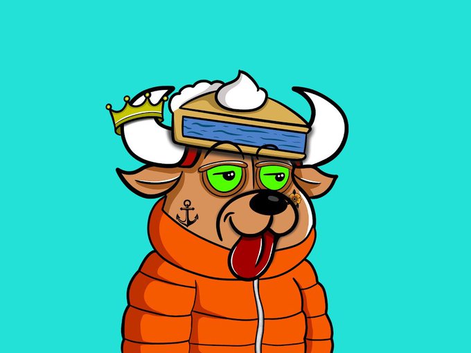 A cartoon illustration of a brown dog with green eyes wearing an orange puffy jacket, a beige hat with horns, and a gold crown, with an anchor tattoo on its cheek, set against a teal background.
