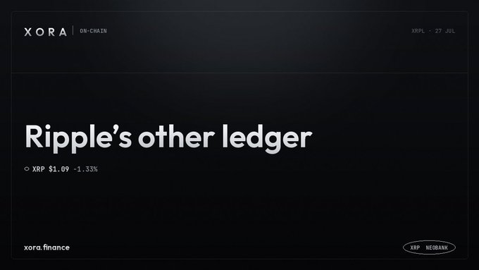 A dark-themed graphic titled 'Ripple's other ledger' displaying XRP at $1.09 (-1.33%), with 'XORA ON-CHAIN' and 'XRPL - 27 JUL' text.