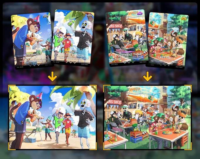 The image shows four different cartoon-style cards, each featuring a unique scene or character from a video game. The cards are arranged side by side, with two cards placed vertically above one another and two cards placed horizontally below one another. Each card has its own distinct design and color scheme, showcasing the creativity of the artists who created them. The post highlights that these cards are part of a collection, as they can be used to complete sets or earn points for players. Additionally, there is an element of interactivity in the post, suggesting that users might have to perform certain actions to access specific artwork from each card.