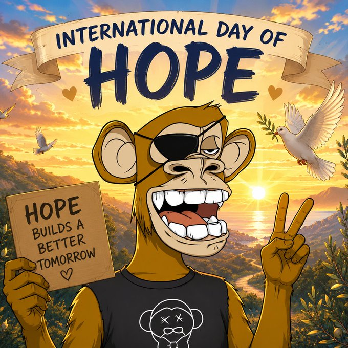 A cartoon monkey wearing an eyepatch and Bored Ape-style shirt flashes a peace sign against a sunset, holding a sign that reads "HOPE BUILDS A BETTER TOMORROW" beneath a banner declaring "INTERNATIONAL DAY OF HOPE" — perfectly capturing the post's optimistic message that light always finds a way.