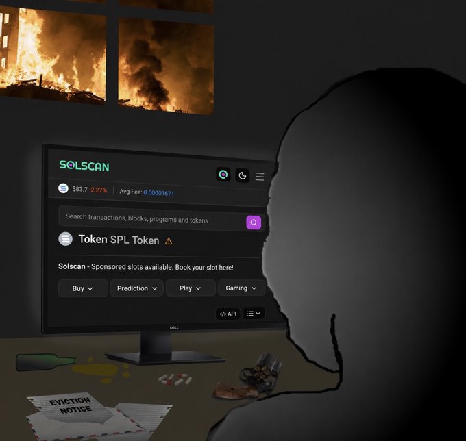 The image shows a person sitting at a desk with a computer monitor displaying a website called "Taken SPL token" or "Solana token", which seems to be related to cryptocurrency. The person appears to be looking at this website, possibly considering investing in the cryptocurrency market. The background of the image features a fire, adding an element of danger and urgency to the scene.