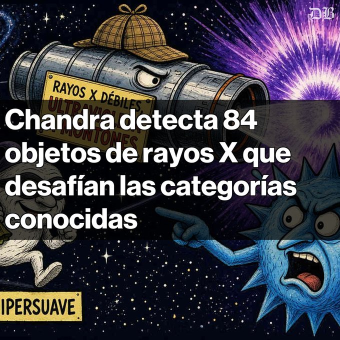 A Spanish-language meme graphic with the text 'Chandra detecta 84 objetos de rayos X que desafían las categorías conocidas,' featuring a cartoon telescope wearing a detective hat and an angry blue spiky character.