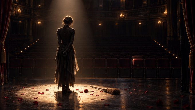A lone figure in a flowing dress stands on an empty theater stage illuminated by a single spotlight, surrounded by scattered red rose petals and a discarded broom. The image evokes the post-performance solitude and creative exhaustion of a poetry competition entry, mirroring the contemplative atmosphere of a writer stepping back after completing their final piece.