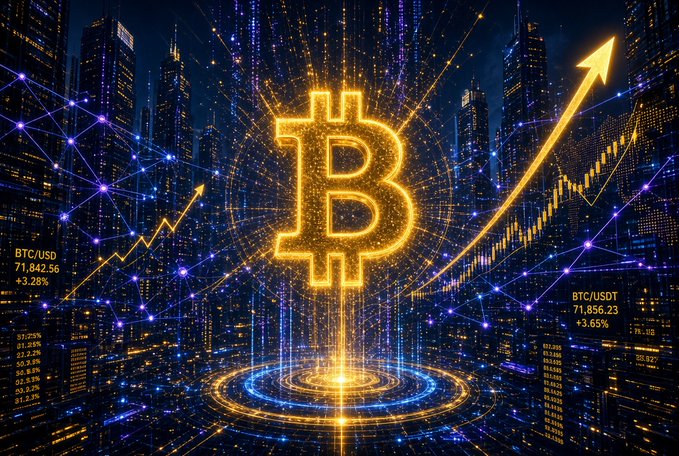 A digital graphic displays a glowing orange Bitcoin symbol against a futuristic cityscape backdrop, with 'BTC/USD 71,842.56 +3.28%' and 'BTC/USDT 71,856.23 +3.65%' shown alongside an upward-pointing arrow.