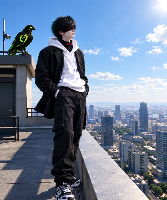 A young man with dark hair stands on a rooftop overlooking a cityscape, wearing a black jacket over a white hoodie, with a stylized black and green raven perched beside him.