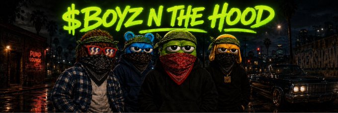 This image features cartoon characters with bandanas and hoodies, with the text "$BOYZ N THE HOOD" prominently displayed above them. The image relates to the post by visually representing the "$BOYZ" token being discussed, creating a thematic connection to the "hood" and a potentially "loud" or attention-grabbing presence.
