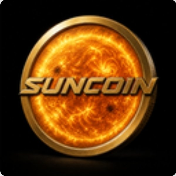 The image shows a glowing golden sun with the text "$SUNCOIN" emblazoned across it, visually representing a cryptocurrency themed around solar/energy concepts that tie into the discussion of mass, energy, and solar manufacturing for space exploration.