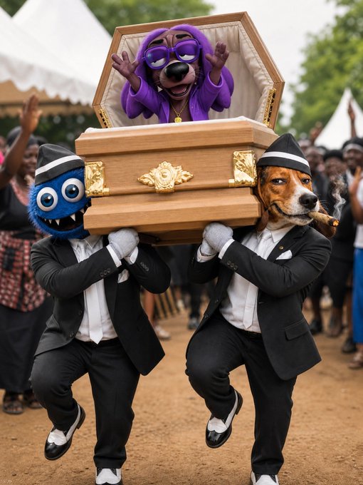 A surreal image of two characters in black suits—one with a blue Cookie Monster mask and the other with a dog mask smoking a cigar—carrying a coffin. Inside the coffin, a purple dog-like character with sunglasses raises its hands in a celebratory gesture.