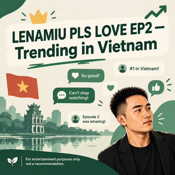 A promotional graphic titled 'LENAMIU PLS LOVE EP2 – Trending in Vietnam' features a Vietnamese flag, a cityscape with traditional architecture, chat bubbles with comments like 'So good!' and '#1 in Vietnam!', and a young man looking upward, with a disclaimer noting it's for entertainment purposes only.