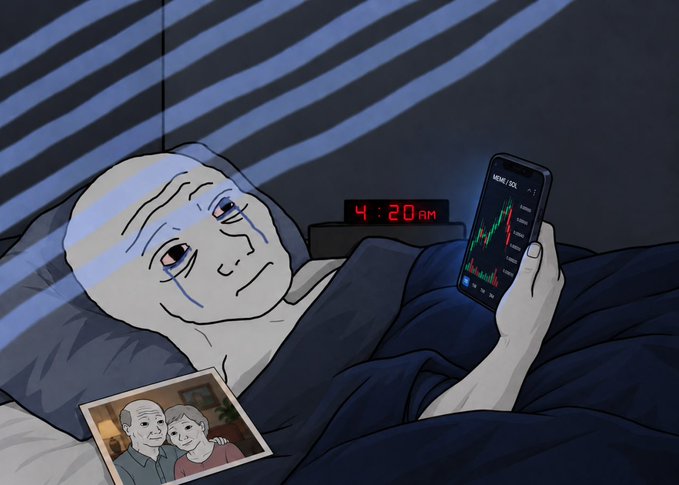 A tired man lies in bed at 4:20 AM with heavy bags under his eyes, obsessively checking a candlestick chart on his phone labeled "MEME / SOL," while a family photo of him with a woman rests beside him—capturing the sleepless grind of a crypto degen chasing generational wealth for his loved ones.