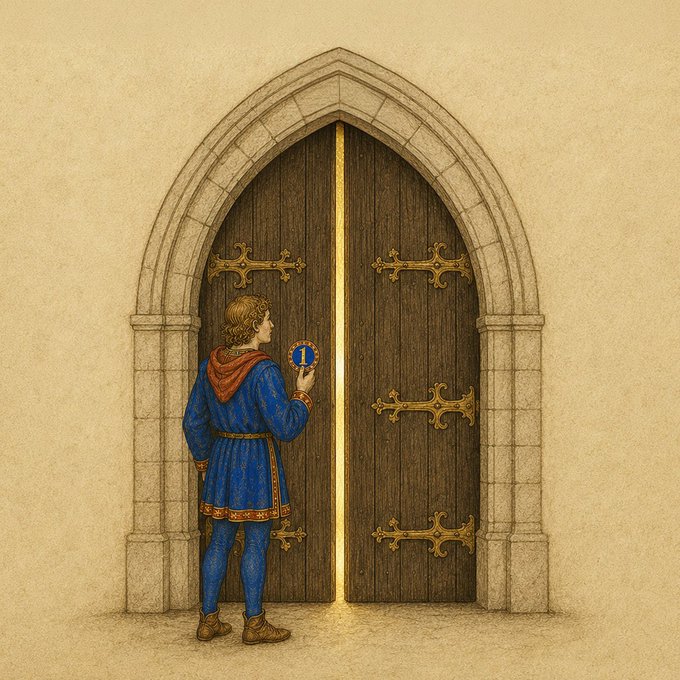 A medieval-styled figure in a blue tunic stands before a large Gothic arched door, holding a circular token marked with the number "1," symbolizing an exclusive early-access pass. The closed door represents the gating mechanism of the RBH NFT mint event, where only those holding the "1" ticket—like the figure—are granted entry to the royal prize pool and ecosystem privileges.