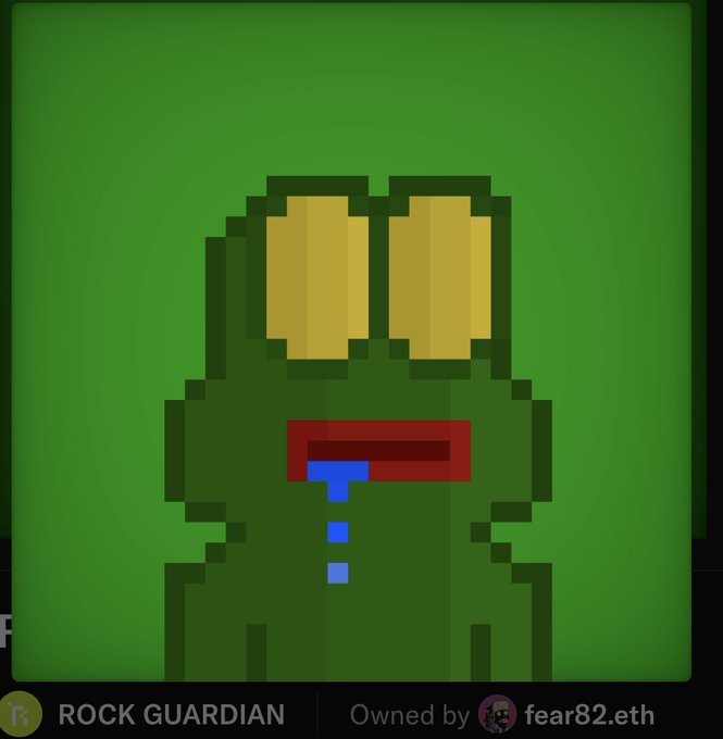 A pixel art NFT featuring a green frog-like character with yellow eyes and a bleeding mouth, labeled 'ROCK GUARDIAN' owned by 'fear82.eth'.