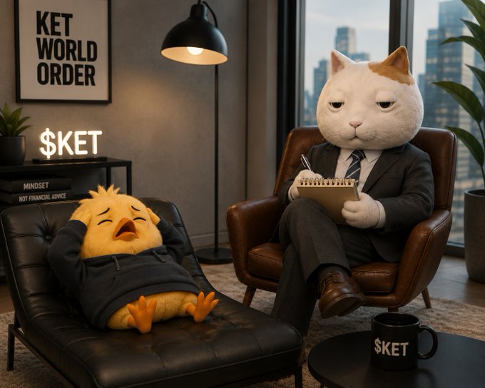 An AI-generated scene of a cat in a suit taking notes on a clipboard while a chick in a hoodie lies on a leather chaise lounge, with a '$KET' mug and 'KET WORLD ORDER' poster in the background.