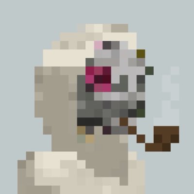 A pixelated digital artwork depicting a figure with pinkish-red eyes wearing a white hooded garment against a light blue background.