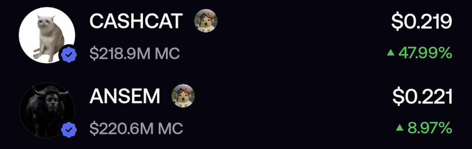 A cryptocurrency market tracker showing CASHCAT at $0.219 with a 47.99% increase and $218.9M market cap, and ANSEM at $0.221 with an 8.97% increase and $220.6M market cap.