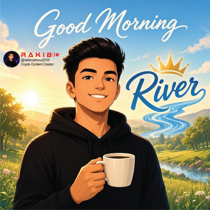 An illustrated 'Good Morning River' graphic features a smiling young man in a black hoodie holding a coffee mug, with text branding 'RAKIB' and 'Crypto Content Creator'.