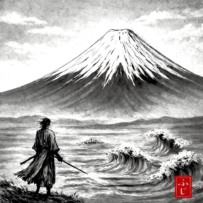 A black-and-white ink-style artwork depicting a lone samurai with a katana gazing toward ocean waves, with a snow-capped Mount Fuji in the background and a red Japanese hanko stamp in the corner.
