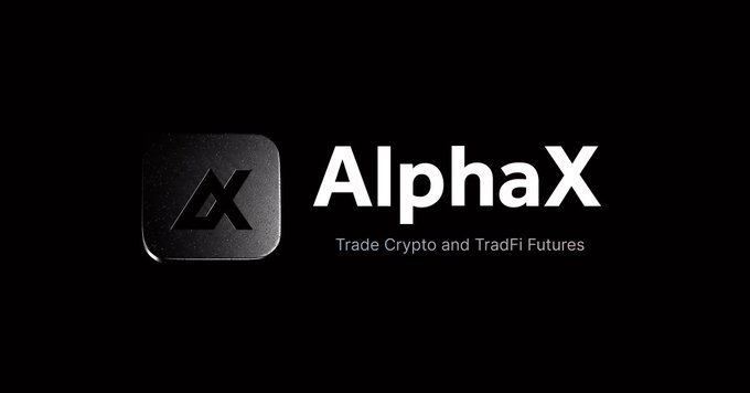 A logo screen for AlphaX, a platform for trading Crypto and TradFi Futures, displayed on a black background.