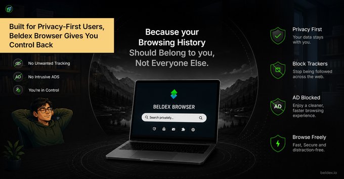 An advertisement for 'Beldex Browser' promoting privacy features, including 'No Unwanted Tracking', 'No Intrusive Ads', 'Privacy First', and 'Block Trackers', displayed next to a laptop.
