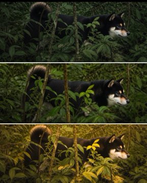 Triptych showing the same black and white dog in foliage, each panel rendered with a different color grading (green, natural, and yellow tones).