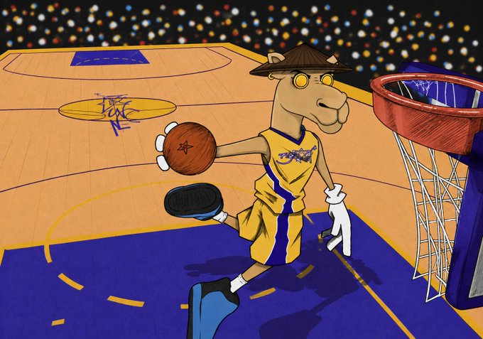 A cartoon illustration of a horse character wearing a yellow Lakers jersey and a conical hat, dribbling a basketball toward a hoop on a court with a crowd in the background.